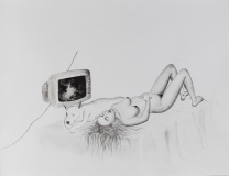 Frau vom Erdgeschoss, Pinselzeichnung, Tusche auf Papier, 52 x 67 cm, 2012